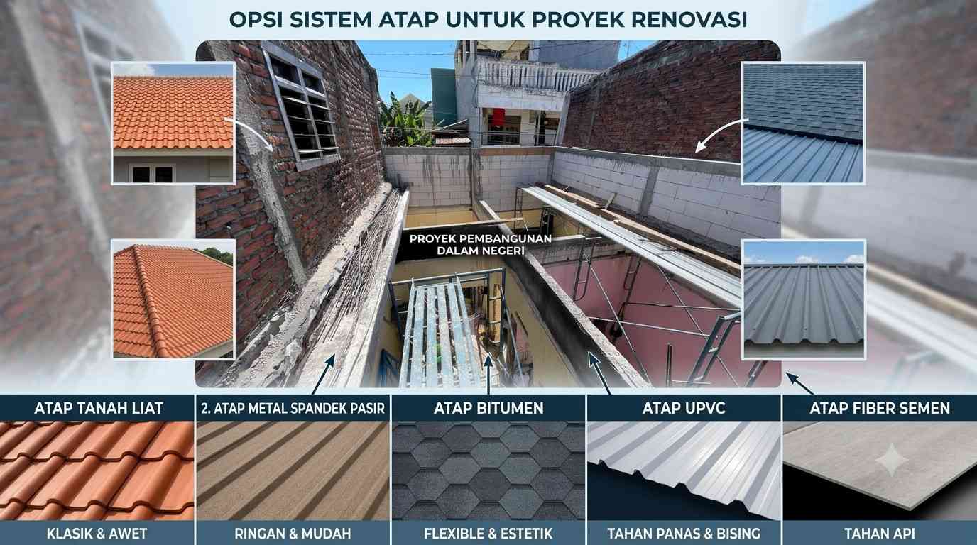 Pilihan material atap rumah: Atap tanah liat klasik, atap metal spandek pasir ringan, atap bitumen fleksibel, atap uPVC tahan bising, dan atap fiber semen tahan api.